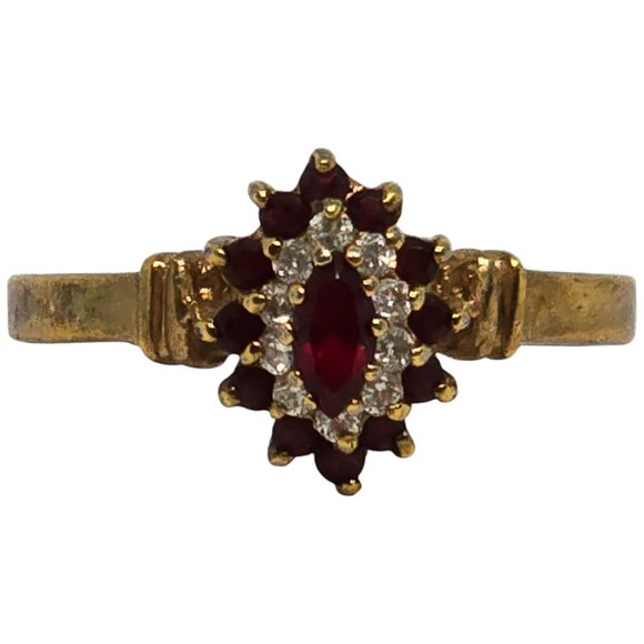 Vintage 18K GE RSC Ruby & CZ Cluster Ring – Marquise Center – Gold Electroplate - Picture 1 of 10